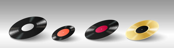 Set of realistic 3d vinyl discs for retro vintage gramophone music player on white background