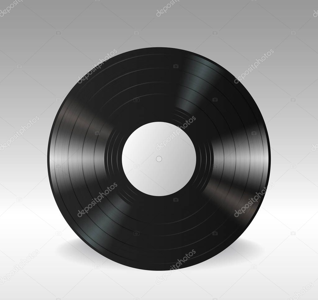 Gramophone vinyl LP record with empty white label. Black musical long play album disc isolated