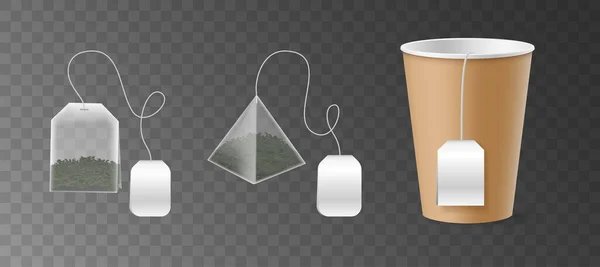 Pirámide sedosa y bolsas de té rectangulares con té verde y taza de cartón marrón y etiqueta de bolsa blanca en blanco — Vector de stock