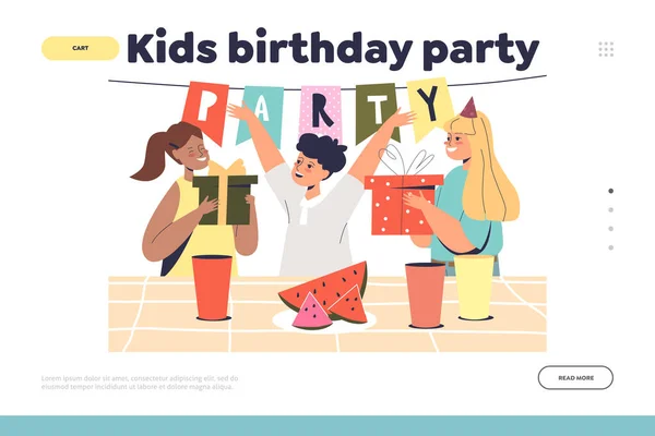 Barn födelsedagskalas koncept för landning sida med pojke att få gåvor från förskolan flickor vänner — Stock vektor