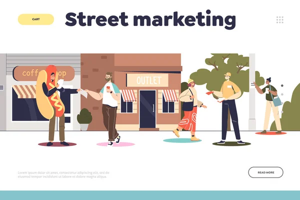 Conceito de marketing de rua e promoção de landing page com promotores em panfletos de distribuição de fantasias — Vetor de Stock
