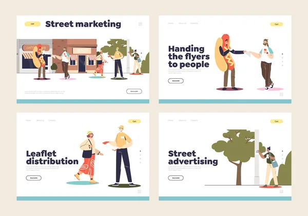 Street marketing e distribuzione promozionale set di landing page con promotore distribuzione volantini — Vettoriale Stock