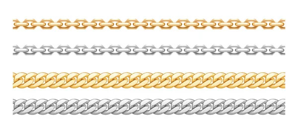 Kovové zlaté a stříbrné řetízky s různorodými řetízky. Zlaté náhrdelníky z nerezové oceli — Stockový vektor