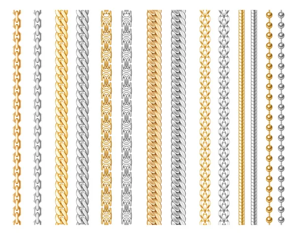 Металевий ланцюг реалістичний. Срібні, золоті, хромовані ланцюжки елементів для намиста або браслета — стоковий вектор