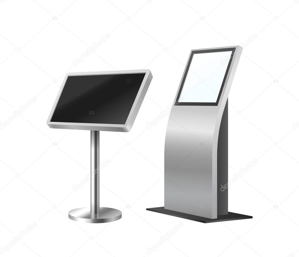 Atm and self-ordering kiosk. Digital terminal systems set. Realistic modern payment equipment