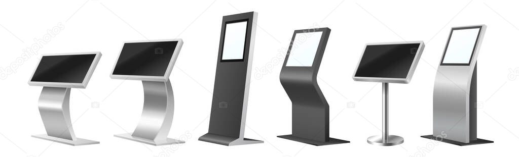Different self order kiosks realistic set. Interactive boards with touchscreen displays mockup