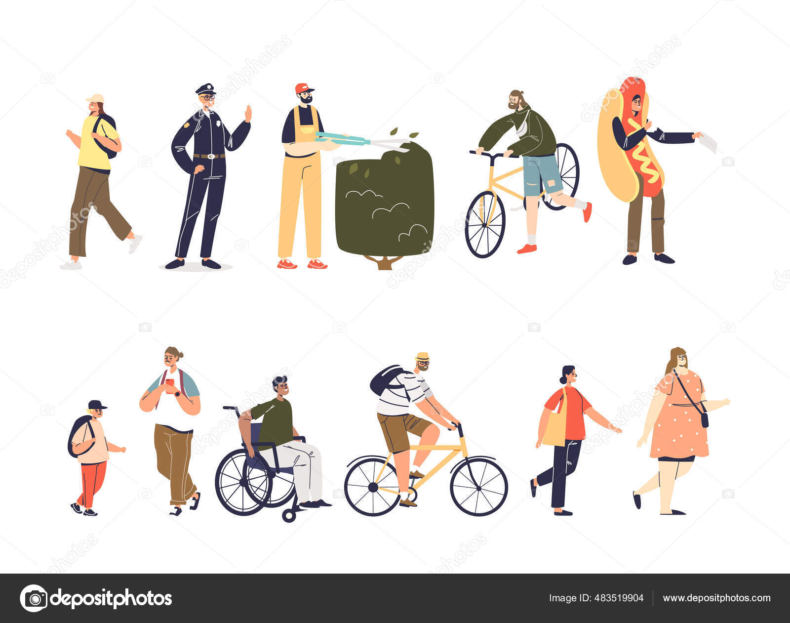 Conjunto de dibujos animados de personas: adultos y niños. en bicicleta, peatones, en silla de ruedas, trabajadores en uniforme vector, gráfico vectorial © zuperia imagen #483519904 Conjunto de dibujos animados de personas: adultos y niños. en bicicleta, peatones, en silla de ruedas, trabajadores en uniforme vector, gráfico vectorial © zuperia imagen #483519904
