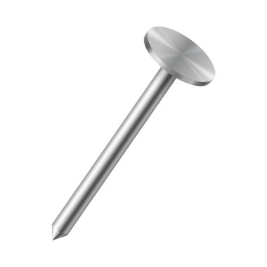 Realistic metallic nail isolated on white background. Iron metal hardware spike with steel pin head