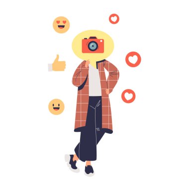 Casual millennial girl posting photos on social media profile with emoticons emoji around