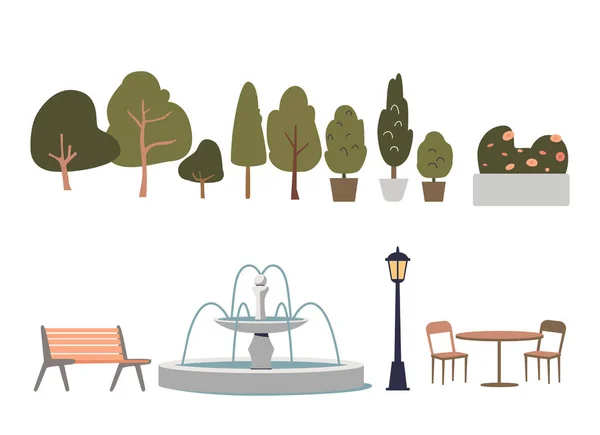 나무, 관목, 꽃, 벤치, 횃불 및 분수로 이루어진 도시 공원 요소들 — 스톡 벡터