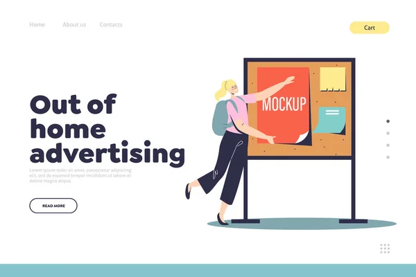 Out of home advertising landing page with advert installation worker installing banner on signboard — Vetor de Stock