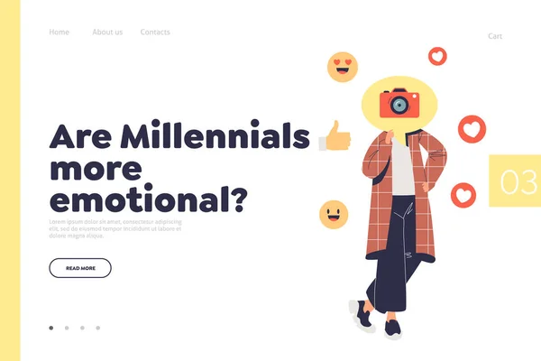 Emotional millennial concept of landing page with girl posting photos on social media profile — Stock vektor