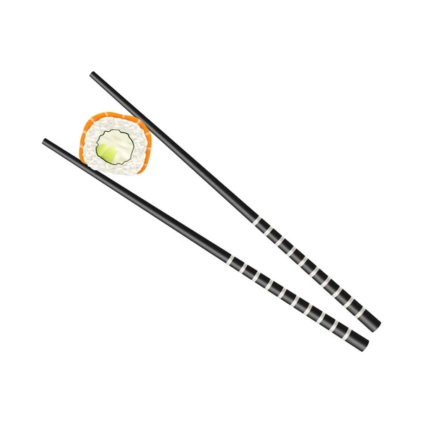 Chopsticks holding sushi roll isolated. Traditional wooden sticks for japanese cuisine food eating — Vetor de Stock