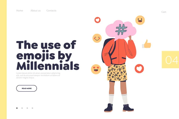 Use of emoji by millennials concept of landing page with hipster man share emotions in social media — ストックベクタ