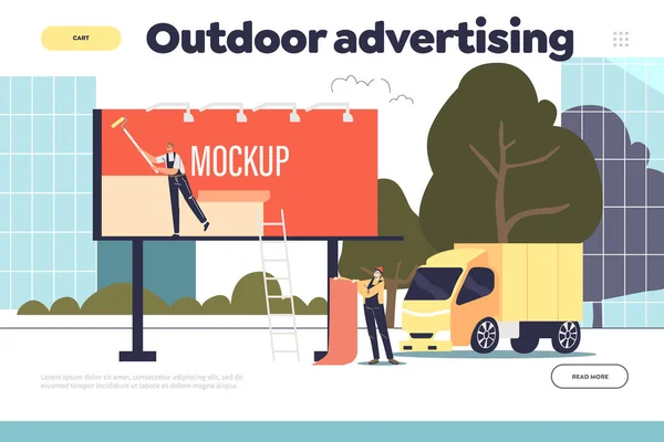 Outdoor advertising concept of landing page with workers install new poster mockup for advertisement —  Vetores de Stock