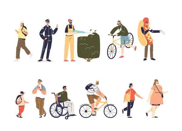 Conjunto de dibujos animados de personas: adultos y niños. en bicicleta, peatones, en silla de ruedas, trabajadores en uniforme — Vector de stock