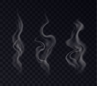 Realistic steam effects set. White cigarette smoke, air wind fog, hot swirl from hot beverage vapor