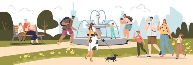 People walking in summer park with fountain. Happy kids and adults, families spend time outdoors
