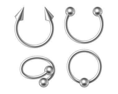 Set of silver piercing jewelry, metal pierce rings, barbell with balls and cones for face and body