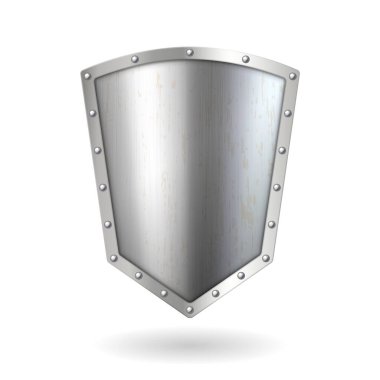 Realistic 3d metal silver shield icon. Chromed metal steel shield. Security and protection emblem
