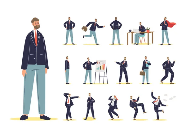 Set of cartoon businessman in formal wear at work. Male character in different emotion and situation — Stok Vektör