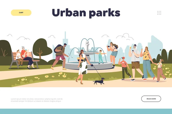 Міські парки концепція посадочної сторінки з людьми, що ходять в літньому парку з фонтаном — стоковий вектор