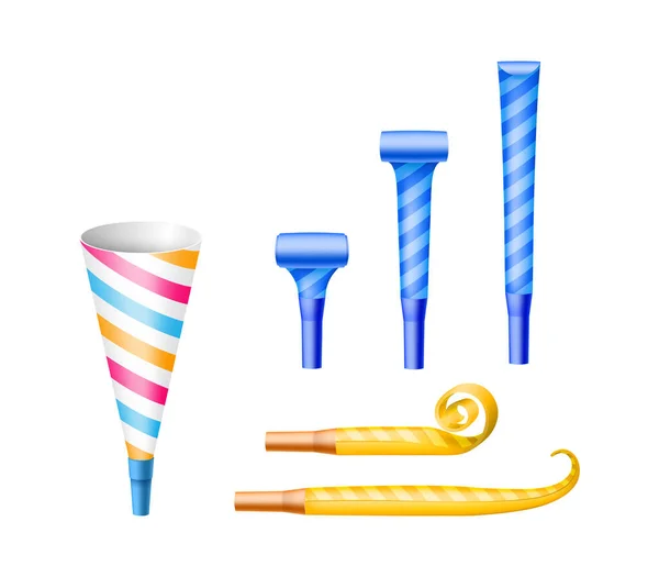 Set of party noisemakers: paper horn cones and blower whistles for event surprise celebration — ストックベクタ