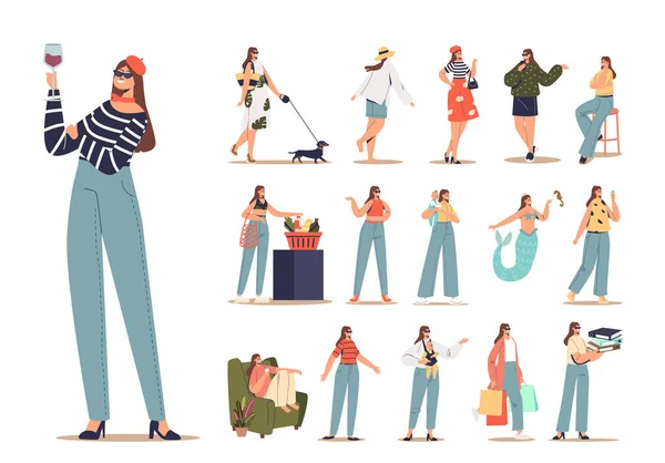 Juego de personajes de dibujos animados femeninos modernos. joven moda casual hipster mujer madre estudiante chica en jeans — Archivo Imágenes Vectoriales