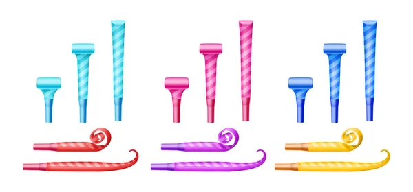 Party blowers colorful paper whistles set for blowing on surprise events, birthday — Vetor de Stock