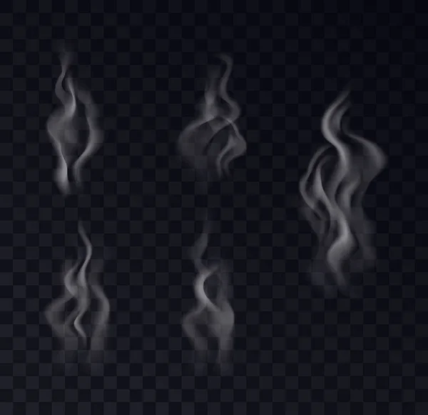 Colección realista de humo sobre fondo transparente. Set de vapor blanco vapor, ondas — Archivo Imágenes Vectoriales