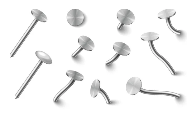 Set of metal nails hammered in wall bend with round steel caps top and side view — Vetor de Stock