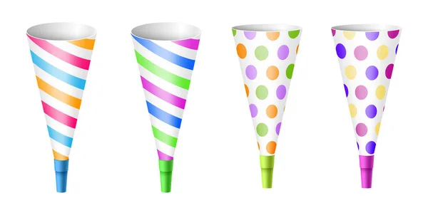 Colorful party blowers horns dotted and stripped paper decorations for happy holiday celebration — Vetor de Stock