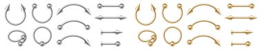 Gold and silver piercing jewelry for face and body. Realistic set of golden and chrome earrings