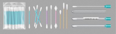 Set of cotton swabs in transparent plastic package and test tubes for covis-19 testing diagnosis