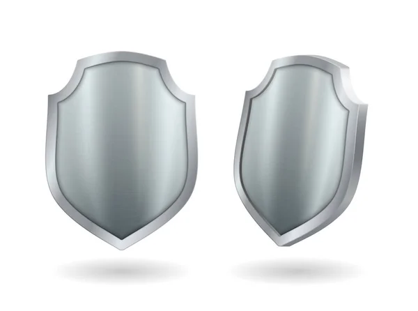 Shield realistic metal 3d icons set, silver medieval knight guard element. Template award trophy — Stock vektor