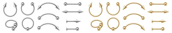 Joyería piercing oro y plata para cara y cuerpo. Conjunto realista de pendientes dorados y cromados — Archivo Imágenes Vectoriales