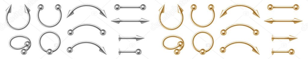 Gold and silver piercing jewelry for face and body. Realistic set of golden and chrome earrings