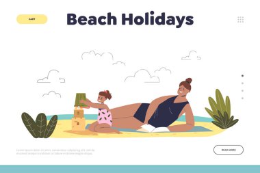 Plaj tatili konsepti anne ve kızıyla deniz kenarına iniş sayfası