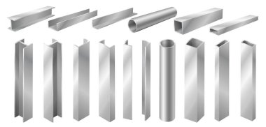 Metal profil ve beyaz arka planda izole edilmiş tüpler. Farklı 3D çelik kiriş ve borular