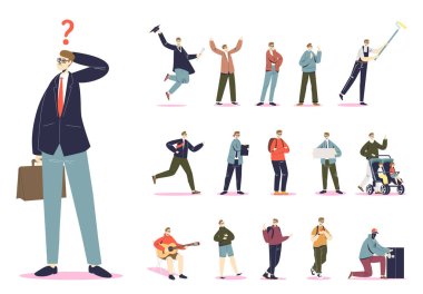 Farklı yaşam tarzlarında gözlük takan ve poz veren başarılı iş adamları.