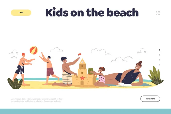 Bambini sulla spiaggia concetto di landing page con vacanza estiva in famiglia sulla località balneare — Vettoriale Stock