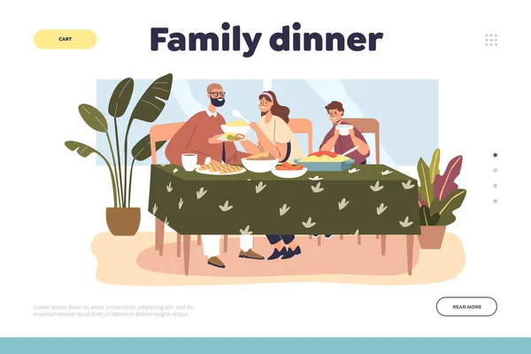 Rodinná večeře koncepce přistávací stránky se šťastnými rodiči a chlapeček mají společné jídlo — Stockový vektor