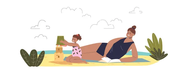 Mãe e filha na praia: mãe de banho de sol vestindo maiô e menina construir castelo de areia —  Vetores de Stock