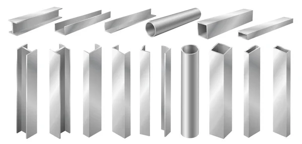 Metallprofil und Rohre isoliert auf weißem Hintergrund. Verschiedene 3D-Stahlträger und -Rohre — Stockvektor