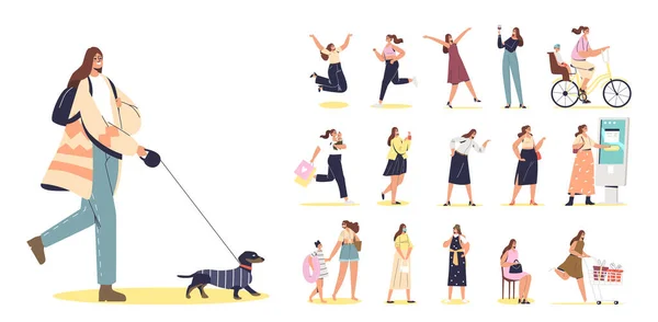 Набор молодых женщин, гуляющих с собакой в различных жизненных ситуациях и позирует — стоковый вектор
