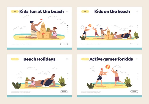 Attività per bambini sulle pagine di sbarco in spiaggia: bambini che giocano a pallavolo costruzione castello di sabbia in vacanza — Vettoriale Stock