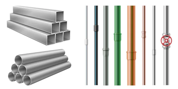 Conjunto de tubos de metal e plástico de aço realistas para água, óleo, gasoduto, construção civil — Vetor de Stock