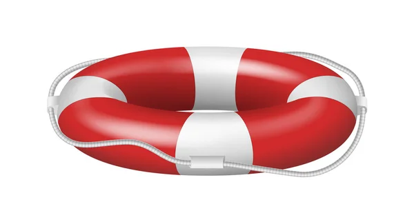 Resgate borracha lifebuoy modelo de vista lateral com listras vermelhas e corda. Anel de cinto de vida para resgate de água — Vetor de Stock