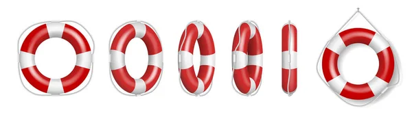 Een stel rode reddingsboeien. Reddingsgordels, opblaasbare rubbers reddingsboeien ring met touw voor hulp en veiligheid — Stockvector