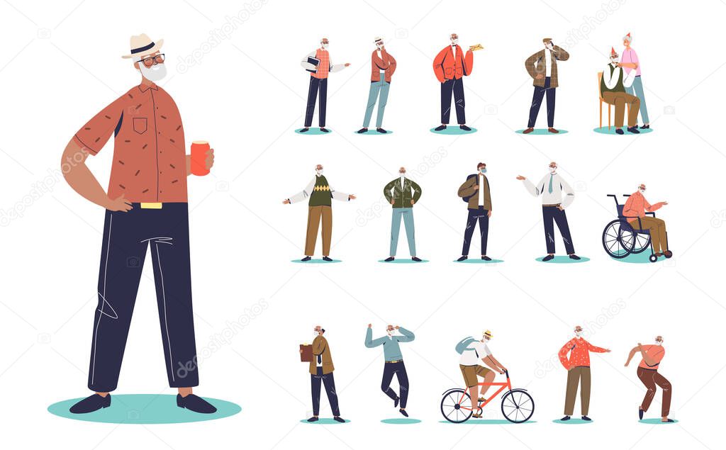 Set of senior male cartoon drink beer wear hipster hat in different lifestyle situations and poses